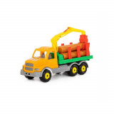 Camion jucarie gigant, cu lemne, 47x16x26 cm, remorca, macara mobila, Oem