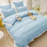 Cumpara ieftin Lenjerie pat dublu creponata cu banda alba,bumbac finet,6 piese,bleu-A885, Jojo Home