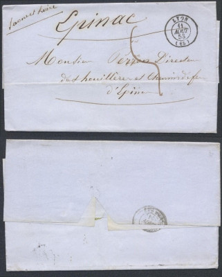France 1853 Postal History Rare Stampless Cover Lyon Epinac D.1026 foto