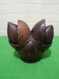 Ansamblu cu RECIPIENTE de CONDIMENTE lucrate manual din NUCA de COCOS , suport cu solnite