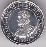 SPANIA 200 PESETAS 1990 Juan Carlos I Alonso de Ercilla, Europa, Argint