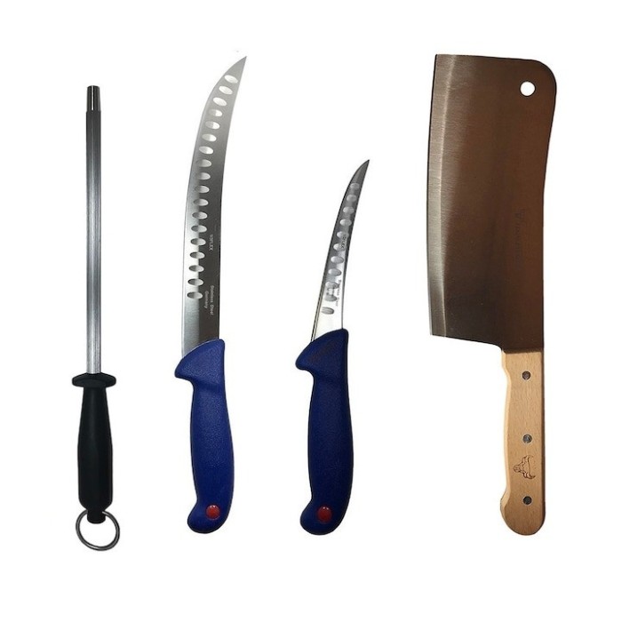 Set profesional de macelarie, fasonat, transat, degresat, dezosat, 2 cutite, masat pentru ascutit, satar