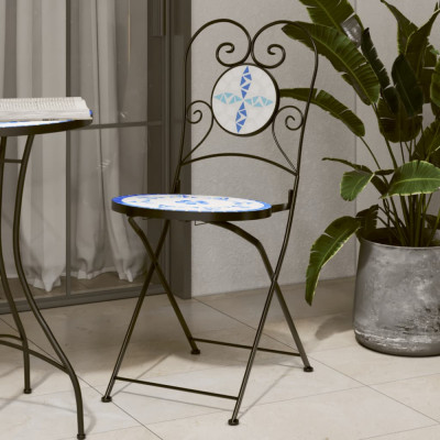 vidaXL Scaune de bistro pliabile, 2 buc., albastru și alb, ceramică foto