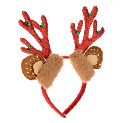 Coroniță Crăciun Ren, Fără Brand, Urechi Blană, Cornite Roșii, Clopoței, Glitter, 12cm foto