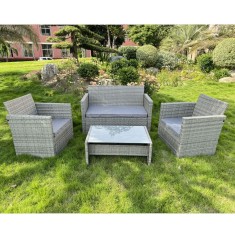 Set mobilier pentru gradina, 2 fotolii, masuta, canapea, ratan gri, perne incluse