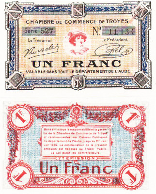 Franta Troyes 1 Franc 1926 Cu filigram complet UNC foto