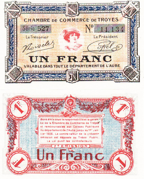 Franta Troyes 1 Franc 1926 Cu filigram complet UNC