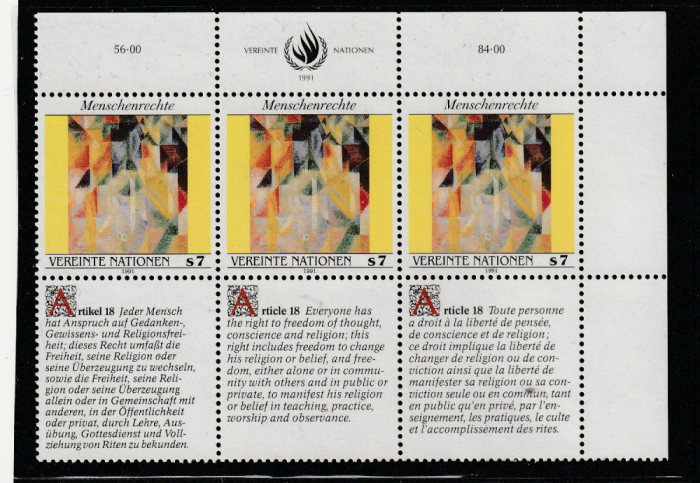 Natiunile Unite Vienna 1991-Drepturile omului Art.18,dant,MNH,Mi.124Zf1-124Zf3