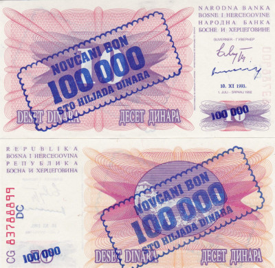 Bosnia 100 000 Dinara pe 10 Dinara 1993 UNC foto