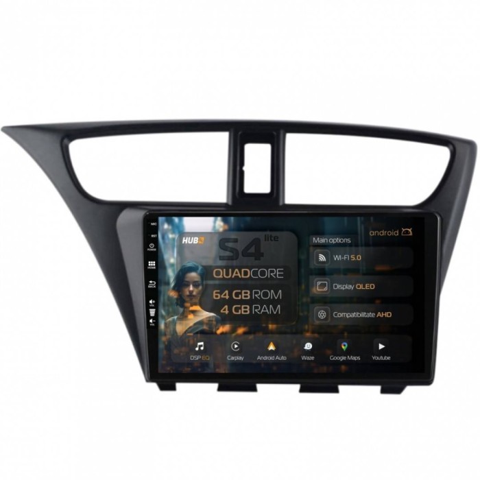 Navigatie Honda Civic Hatchback (2012-2015) 4GB RAM Android 13 Quadcore DSP GPS Wi-FI Carplay Android Auto USB Bluetooth Waze Touchscreen 9 inch
