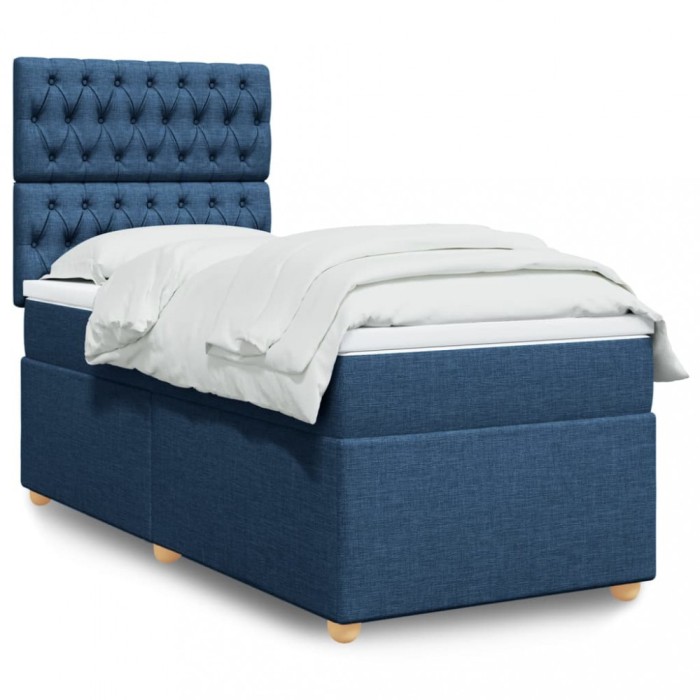 Pat box spring cu saltea, albastru, 100x200 cm, textil