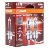 Becuri halogen auto Osram H4 12V 60/55W P43t Night Breaker Laser +150%, lumina cu pana la 20% mai alba, iluminare pana la 150 m, set 2 buc