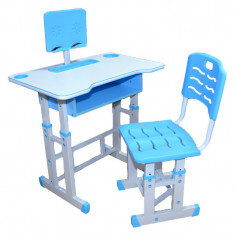 Birou si scaunel reglabil din pal, metal si plastic pentru copii, 69x45.5x94 cm, Albastru foto