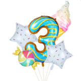 Balon gigant folie cifra 3, inaltime 80 cm, decor cu 5 baloane candy, gogoasa, inghetata, Idei