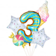 Balon gigant folie cifra 3, inaltime 80 cm, decor cu 5 baloane candy, gogoasa, inghetata foto