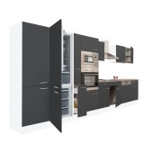 Mobilă de bucătărie Yorki 430, corp alb, față antracit satinat, frigider cu congelator inferior