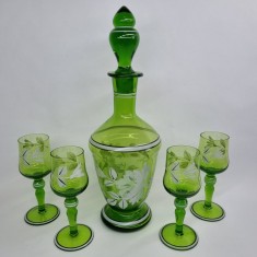 Set RAR pahare si decantor sticla (set) pictate manual, vechi, vintage