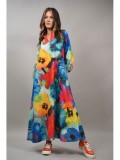 Cumpara ieftin Rochie Lunga Dama, Talie Unica (S-XL), Multicolor cu Maci, Buzunare, Poliester &amp; Elastan