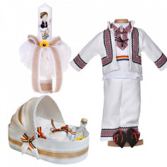 Set botez popular baietel, trusou botez landou, lumanare si costum traditional,