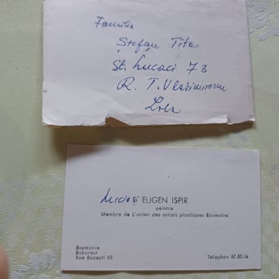 CARTE DE VIZITA PICTORUL EUGEN ISPIR CU DEDICATIE SI SEMNATURA PT STEFAN TITA. foto
