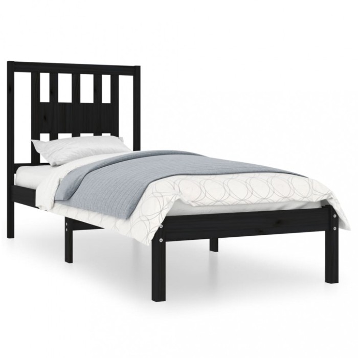 Cadru de pat mic single, negru, 75x190 cm, lemn masiv
