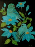 Tablou pictat in ulei PASARI SI FLORI ALBASTRE, cu rama din lemn 33x27 cm