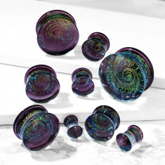 Plug de ureche din sticlă - mov, motiv galaxie, spirală cu sclipici colorat - Diametru piercing: 6 mm