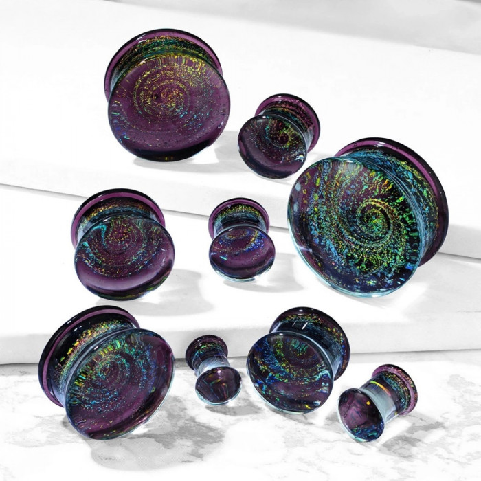 Plug de ureche din sticlă - mov, motiv galaxie, spirală cu sclipici colorat - Diametru piercing: 22 mm