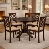 Set masa living rotunda Montreal, lemn masiv, MDF furniruit, 90x73.8 cm si 4 scaune Vienna, tapiterie stofa, 94x49x40 cm, nuc