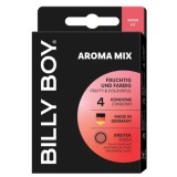 Prezervative BILLY BOY Aroma Mix, din latex natural, lubrifiate și rezistente, 56 mm, roșu și negru, arome căpșuni și tutti frutti, 4 buc