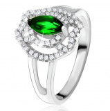 Inel cu ştras verde &icirc;n formă de bob, linii curbate din zirconiu, argint 925 - Marime inel: 57