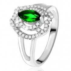 Inel cu ştras verde în formă de bob, linii curbate din zirconiu, argint 925 - Marime inel: 58