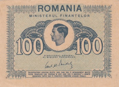 Bancnote Rom&amp;acirc;nia - 100 lei 1945 - Regele MIHAI (starea care se vede) foto