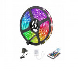 Banda LED RGB impermeabila cu telecomanda, 5m, 300 LED-uri SMD3528, autoadeziv, multicolor