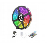 Banda LED RGB impermeabila cu telecomanda, 5m, 300 LED-uri SMD3528, autoadeziv, multicolor