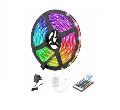 Banda LED RGB impermeabila cu telecomanda, 5m, 300 LED-uri SMD3528, autoadeziv, multicolor foto