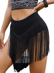 dusa Pantaloni scurti cu ciucuri cu franjuri elastici, cu talie inalta, pentru dans, negru, uni, mici foto