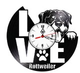 Ceas de perete decorativ din disc de vinil, Model Rasa Rottweiler &bdquo;LOVE&rdquo;, Negru, 30 cm