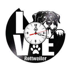 Ceas de perete decorativ din disc de vinil, Model Rasa Rottweiler &bdquo;LOVE&rdquo;, Negru, 30 cm