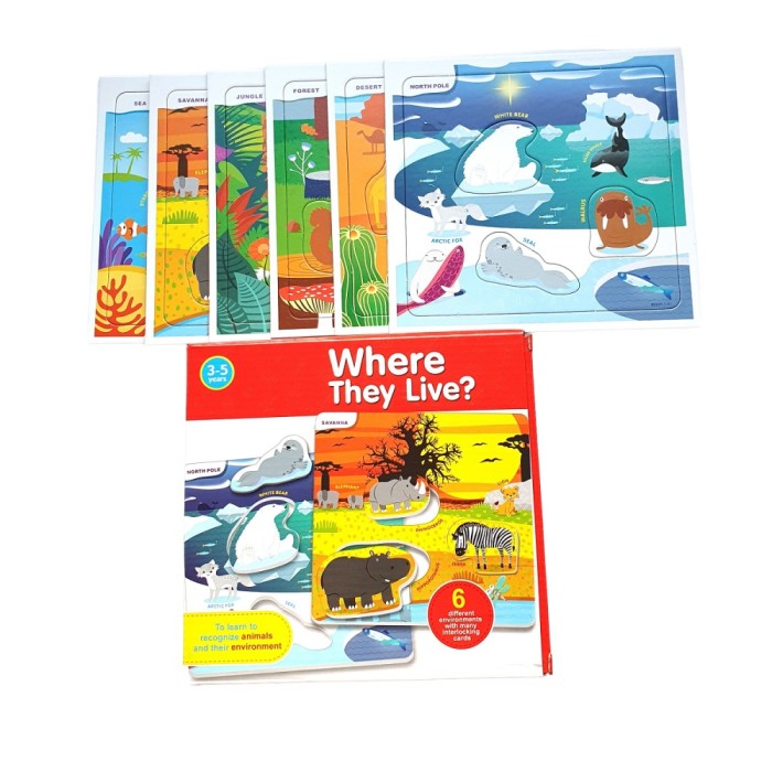 Puzzle de asociere Habitat-Animale, 6 planse x 3 piese, + 3 ani