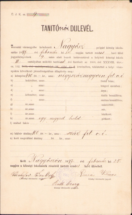 HST A1330 Certificat salarizare 1897 &icirc;nvățător școala Tomnatic Timiș Banat