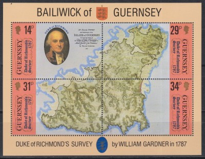 Guernsey 1987 - A 200-a aniversare a hărții insulei Guernsey realizat de Ducele de Richmond, Colita, MNH foto
