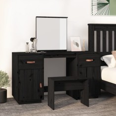 vidaXL Set masă de toaletă cu oglindă, negru, lemn masiv de pin 3107838