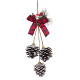Ornament Decorativ Crăciun, Model Suspendabil, 3 Conuri Ninse, Crenguță și Panglică Carouri, 35cm, Oem