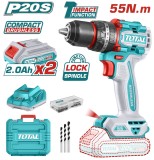 TOTAL - MASINA DE GAURIT CU PERCUTIE SI ACUMULATOR 20V-2.0AH LI-ION (2 ACUMULATORI + 1 INCARCATOR) PowerTool TopQuality
