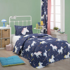 Set cuvertura matlasata Single 160x220 cm, 2 piese, Magic Unicorn - Dark Blue, Eponj Home, 65% bumbac/35% poliester