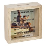 Pusculita din lemn cu geam de sticla pentru economisirea banilor de vacanta, gradata, capac golire spate, 15 x 6 x 15 cm, Oem