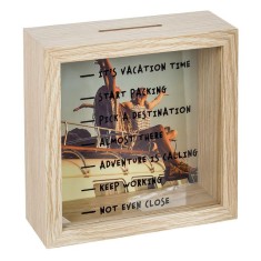 Pusculita din lemn cu geam de sticla pentru economisirea banilor de vacanta, gradata, capac golire spate, 15 x 6 x 15 cm foto