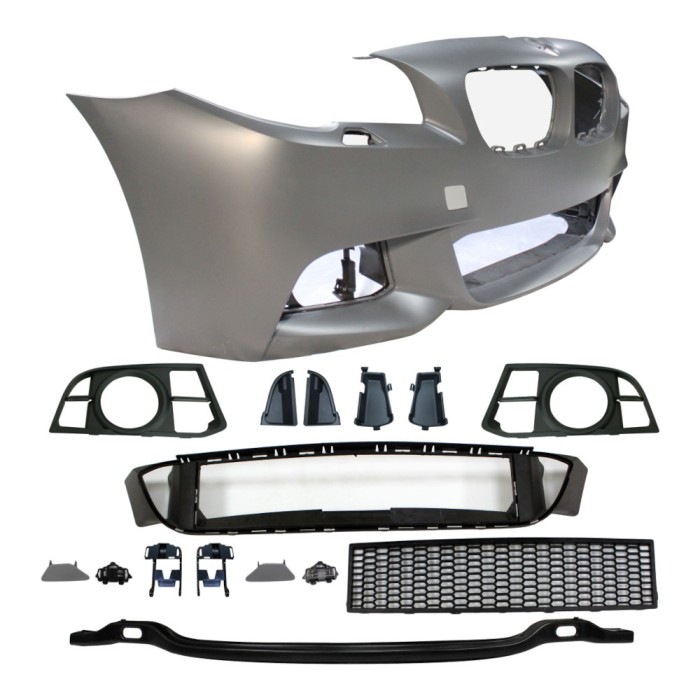 Set bara fata BMW Seria 5 (F10/F11), 2013-08.2017, cu gauri spalator; grunduit, de vopsit; type M-Tech; cu grile inferioare; cu gauri lampa ceata; TU