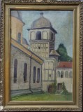 Alexandru Istrate - Biserica Mănăstirii Negru Vodă, C&acirc;mpulung, Ulei/Carton, 35.5x52cm, Semnat, Tablou cu Certificat Autenticitate